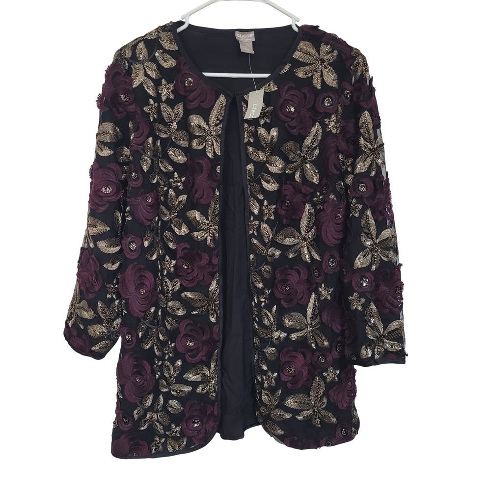 Chicos Travelers Antique Floral Embroidered Jacket Rosette Gold Metallic Size 0